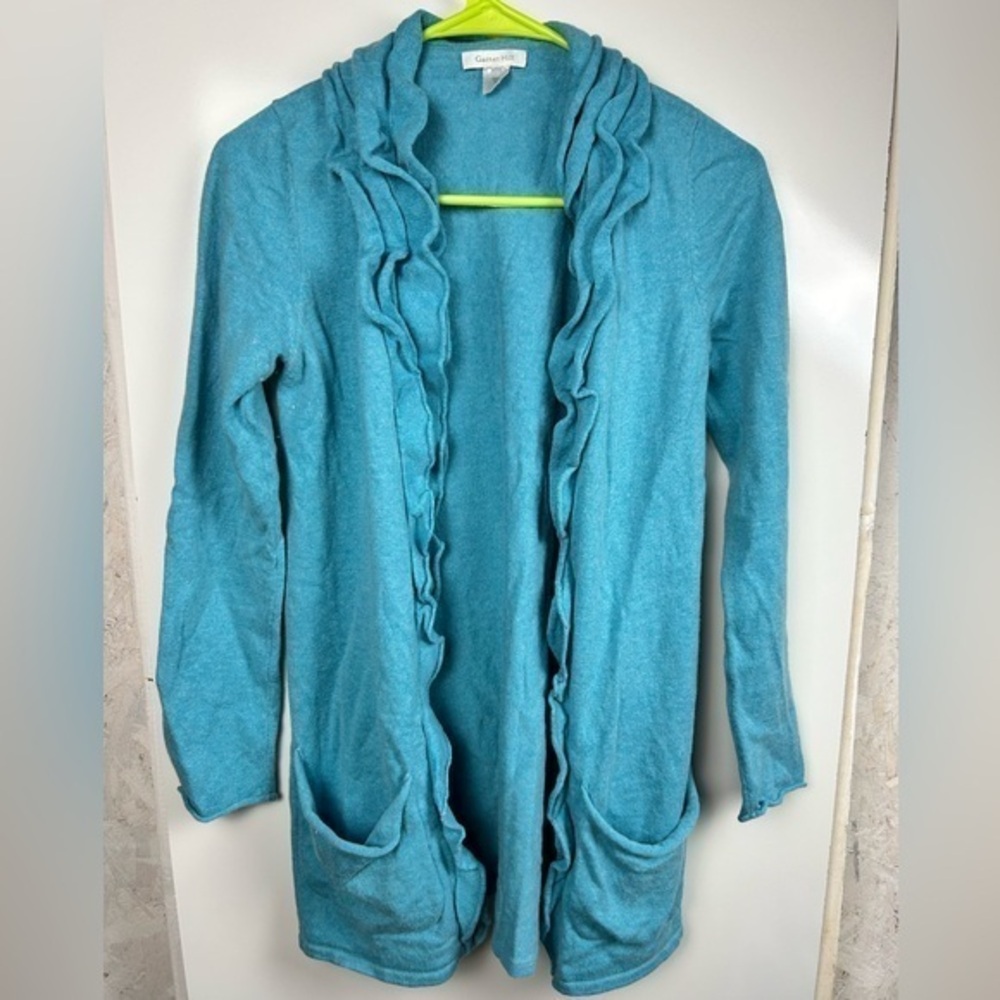 Garnet Hill blue‎ ruffle open front cardigan